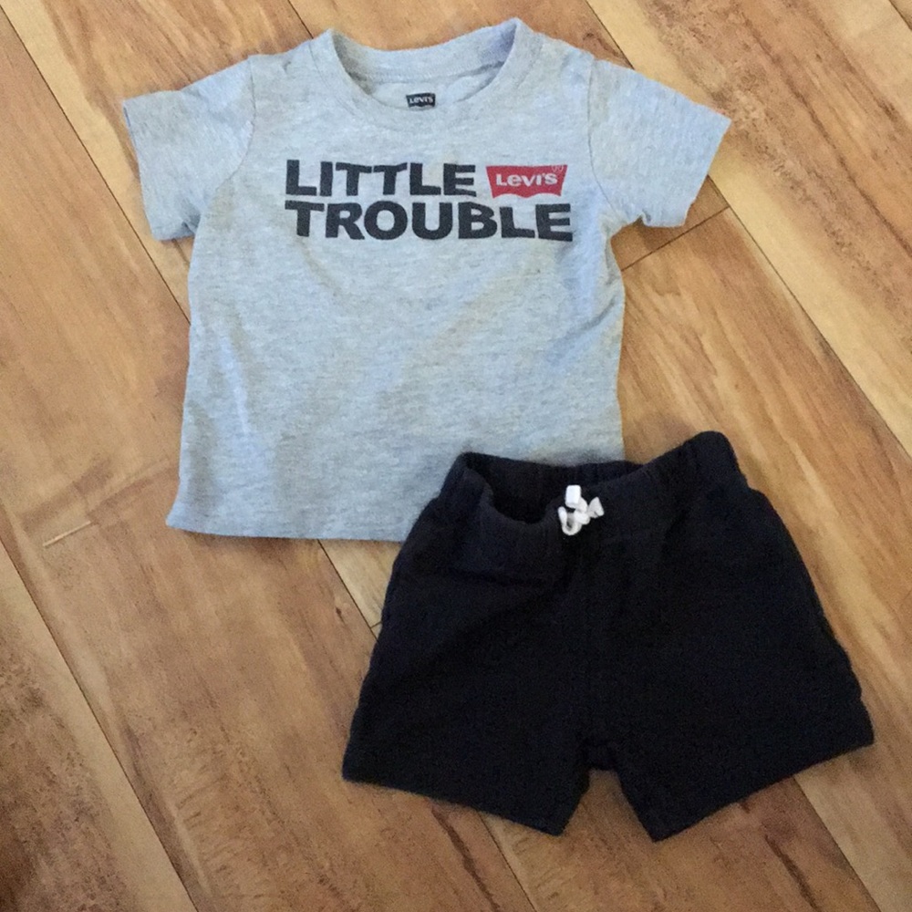 Levi’s Grey shirt and a Carter’s black shorts